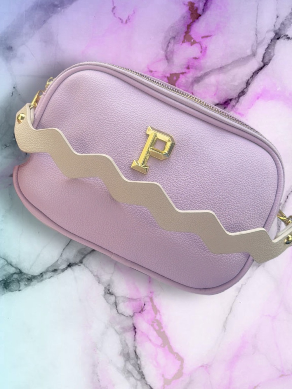 Pink Pebbled Leather Crossbody Bag with Gold 'P' Accent